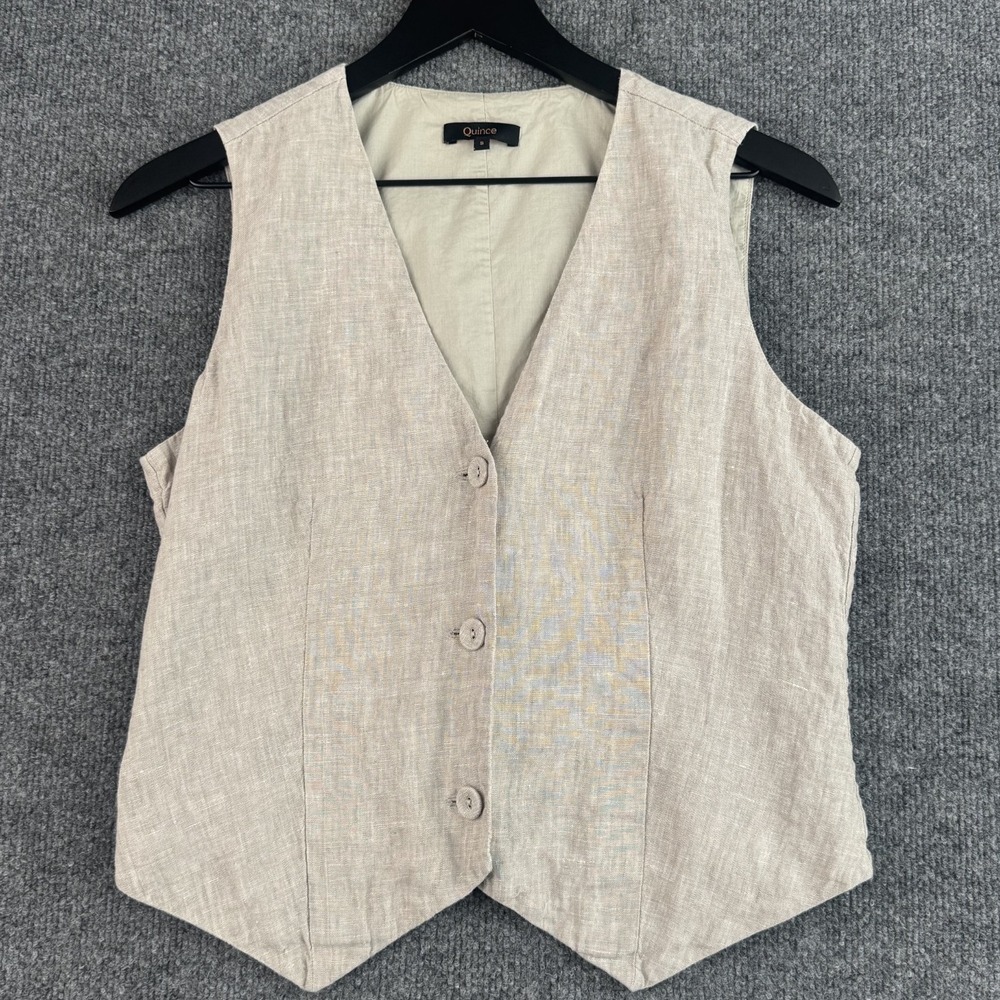 Quince Linen Vest Womens S Beige Tan Sleeveless 3-Button Travel Old Money Light